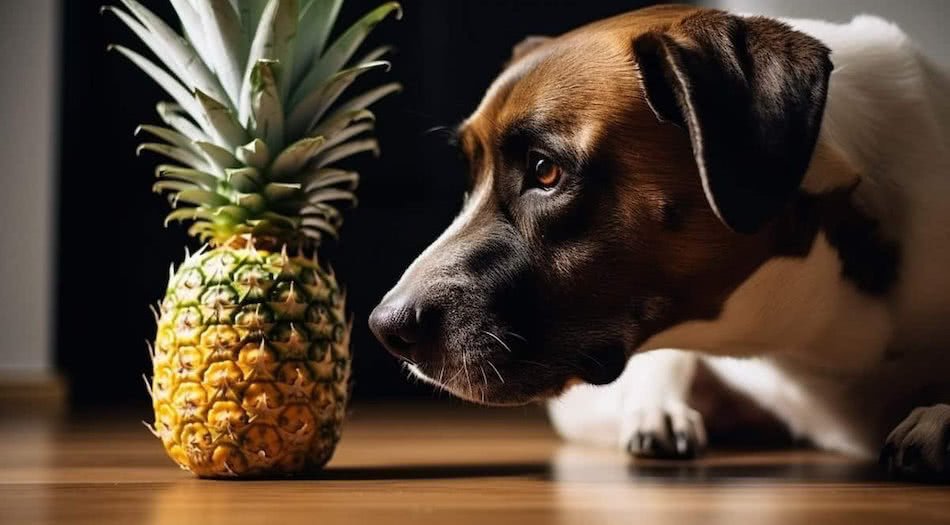 Dog sniffing a pineapple